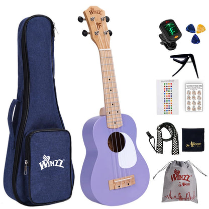 Winzz Soprano Ukulele for Kids, Ukulele Set for Adult Beginners, 21 Inches, with 9 Accessories, Small Beginner Children's Guitar 4 Strings (Color: Purple, Wood)