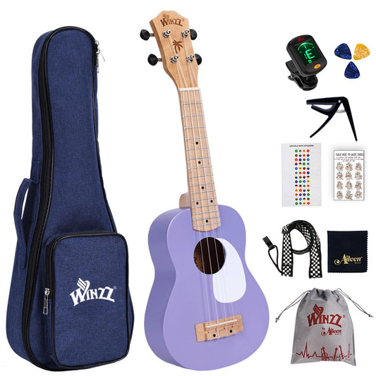 Winzz Soprano Ukulele for Kids, Ukulele Set for Adult Beginners, 21 Inches, with 9 Accessories, Small Beginner Children's Guitar 4 Strings (Color: Purple, Wood)