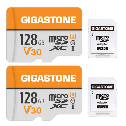 Gigastone 128GB memory card 2-pack for GoPro, drones, Samsung Sony, high-speed 4K UHD video, A1 U3 C10 MicroSDXC+SD adapter.