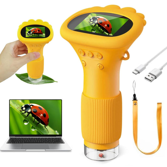 Lemoni microscope Ashfly microscope for kids, Lemoni Explorer - digital microscope 2.0" IPS screen USB Microscope LED Lights - connect to PC, mini microscope for outdoor use ages 3 and up - Orange