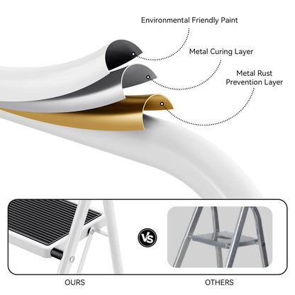 KINGRACK 2-Step Ladder, Step Ladder with Handrails, Folding Step Stool, Folding Step Stool for Adults with Handle, Household Ladder Anti-Slip Stable and Wide Pedal, White