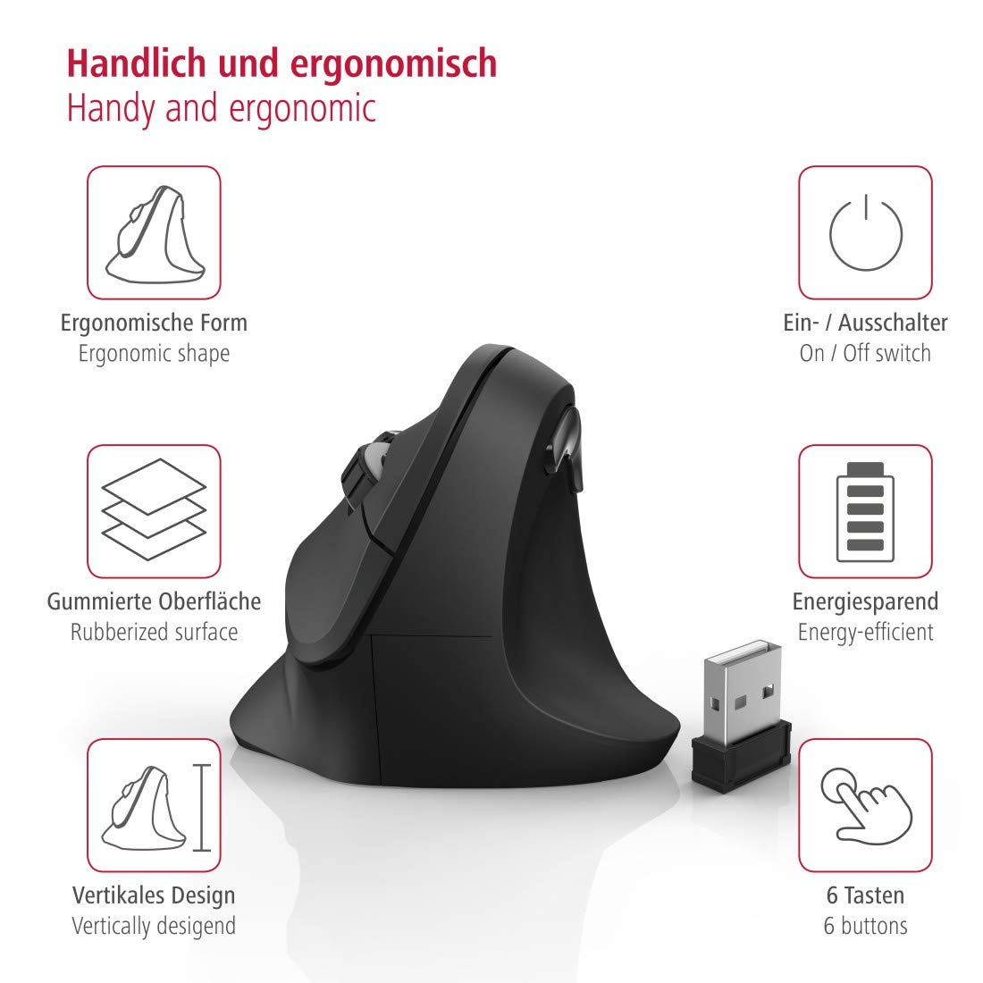 Hama wireless mouse ergonomic (Vertical mouse without cable for right-handers, wireless optical sensor mouse 1000/1400/1800dpi) black 00182699