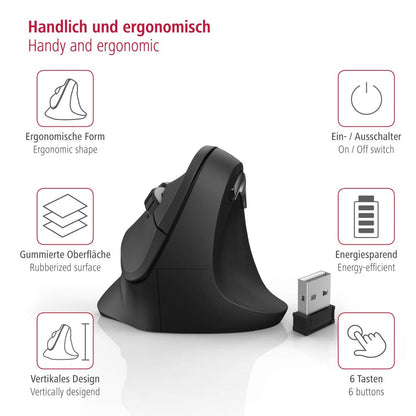 Hama wireless mouse ergonomic (Vertical mouse without cable for right-handers, wireless optical sensor mouse 1000/1400/1800dpi) black 00182699