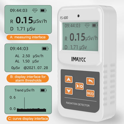 IMAYCC Geiger Counter, FS-600 Dosimeter Automatic Radiation Detector, Radioactivity Nuclear Radiation Detector Can be used in homes, businesses, indoors, and outdoors.
