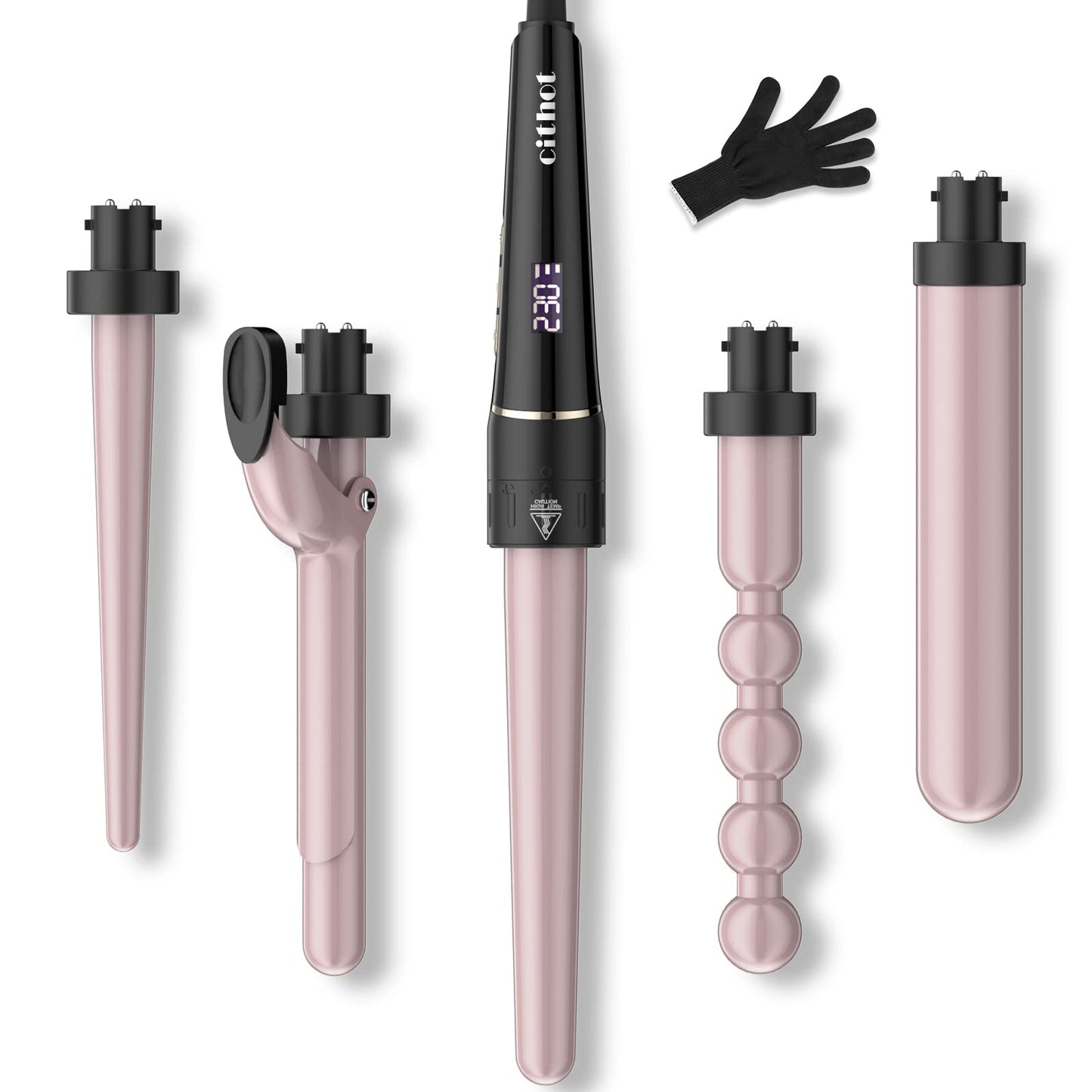 5-in-1 curling iron for big and small curls. Curler set with different attachments from 09-32mm. Ceramic waver with safety shut-off. Curling wand includes gloves and a 2.0m power cord.