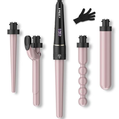 5-in-1 curling iron for big and small curls. Curler set with different attachments from 09-32mm. Ceramic waver with safety shut-off. Curling wand includes gloves and a 2.0m power cord.