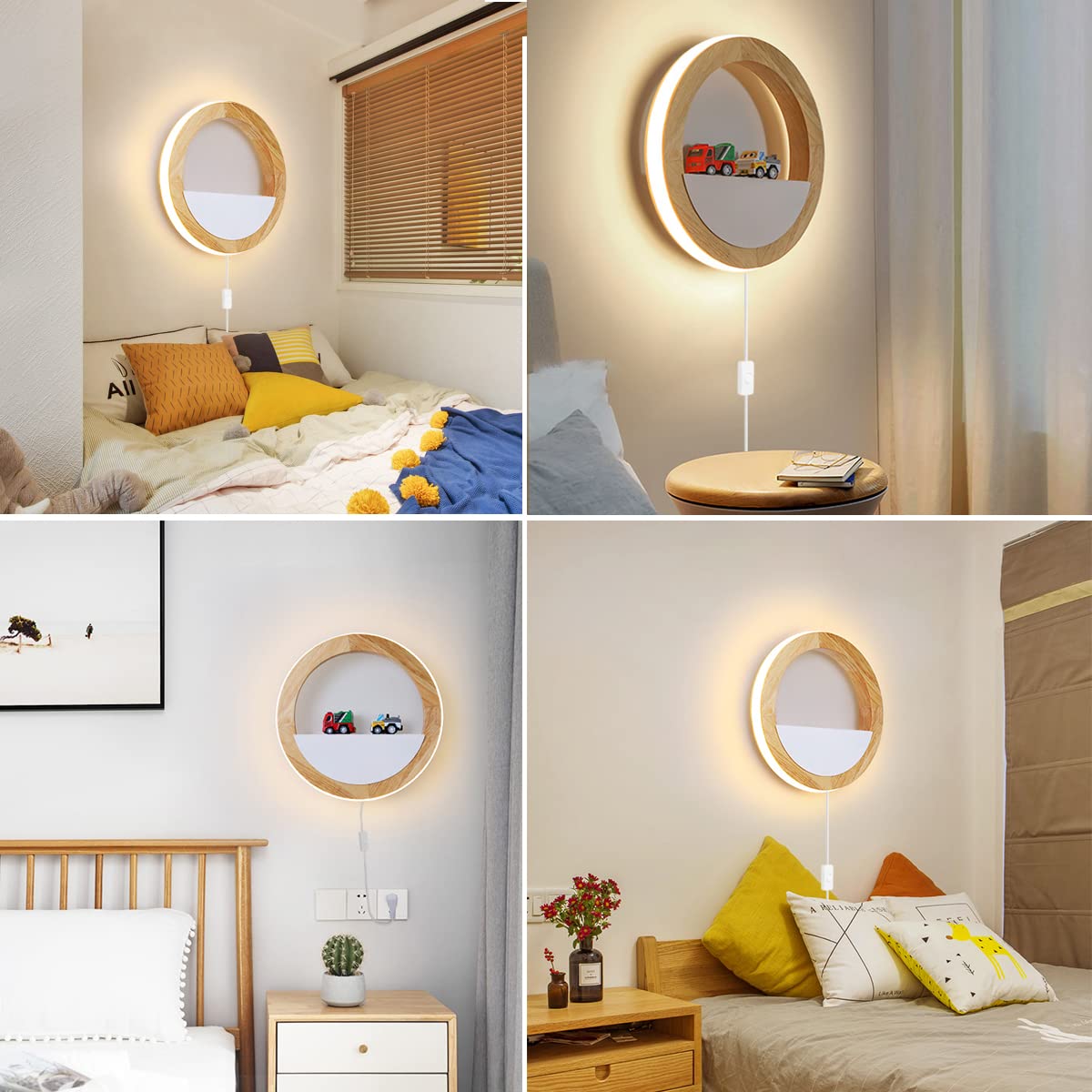 QJUZO Kids Room Wall Light Wood with Plug and Switch, 15W LED Round Indoor Wooden Wall Lamp for Bedroom Night Light Children Bed Lamp, Warm White/Cool White/Neutral White