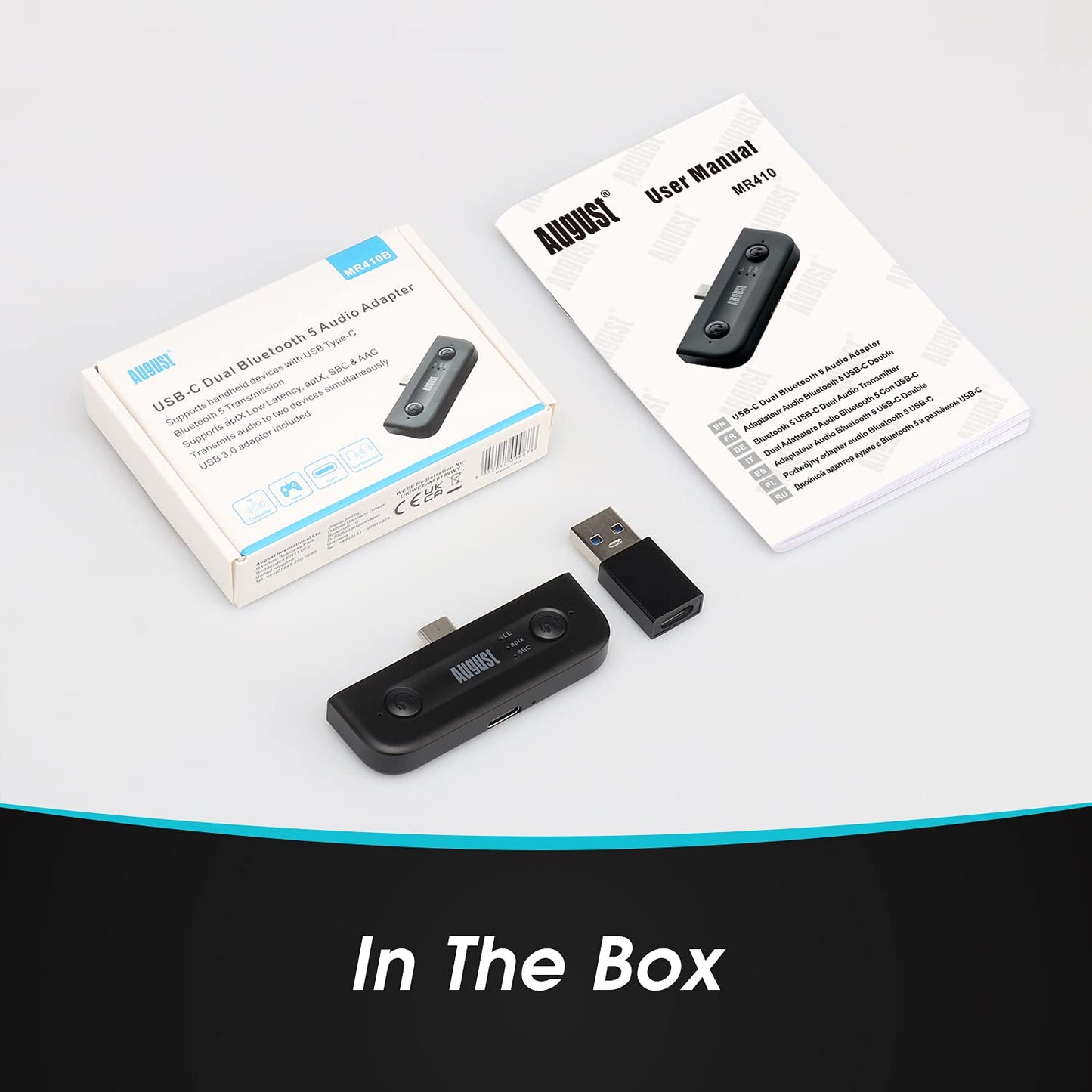 Dual Bluetooth Transmitter aptX LL - August MR410B - Type C adapter compatible with Switch, Android phones and tablets, MacBook, Surface - Includes pass-through and USB-C to USB adapter.