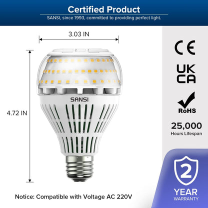 SANSI E27 dimmable LED bulb, 27W (replaces 250W incandescent bulb), 3000 Kelvin 4000 lumens, super bright for table lamp, ceiling light, garage, bedroom, pack of 2.