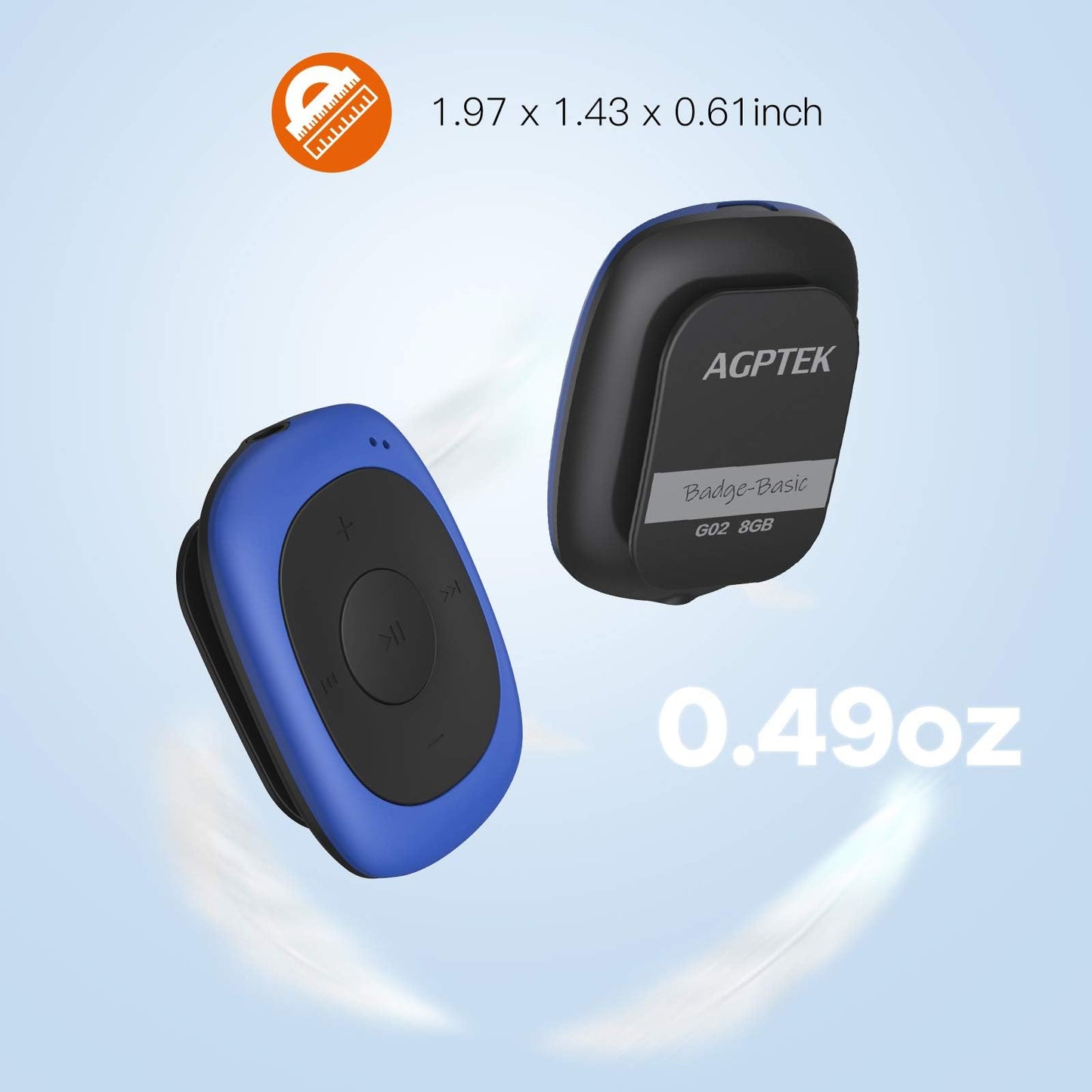 AGPTEK Mini Clip 8GB MP3 player with earhook headphones and silicone case, lightweight sports music player with 5 buttons and 2 function switches, (packaging MULTIPLE USE) Blue.