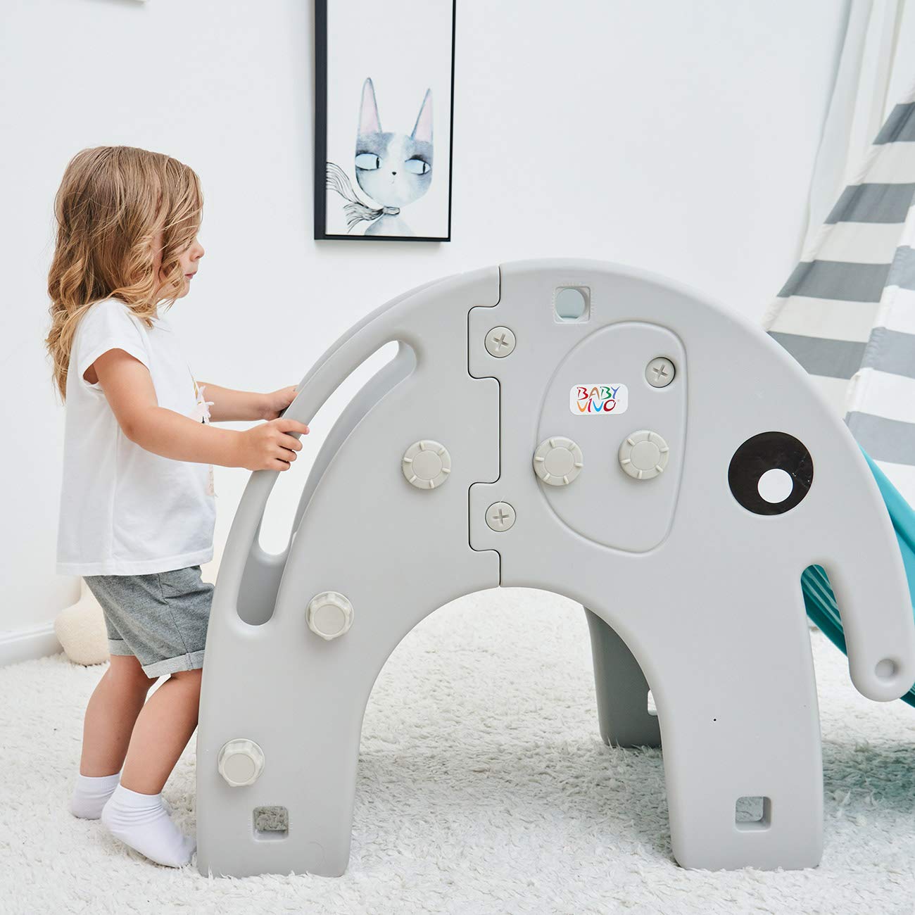 Baby Vivo Children's Slide Kids Slide Garden Slide Toddler Slide Plastic Elephant Rounded Corners & Edges for Indoor & Outdoor in Turquoise/Grey.