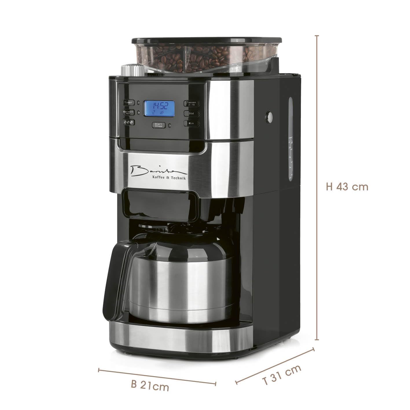 Barista coffee machine with adjustable grinder & thermal carafe | Keep warm function, 24h timer & permanent filter | Makes 10 cups of coffee | Compatible with beans & powder [Stainless steel]