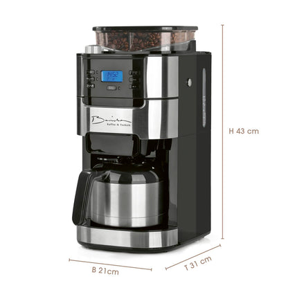 Barista coffee machine with adjustable grinder & thermal carafe | Keep warm function, 24h timer & permanent filter | Makes 10 cups of coffee | Compatible with beans & powder [Stainless steel]