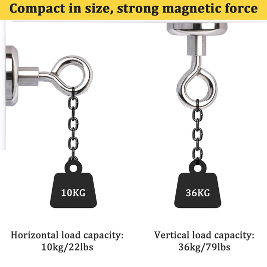 MIN CI 8 Pack Magnetic Hooks, 32mm Neodymium Magnets with 36kg(79lbs) Pulling Force, Eyelet Magnet Hook Magnetic Holder Round Magnet Hooks for Camping Garage Kitchen Office