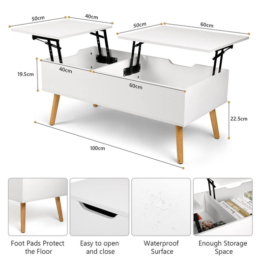 VOWNER Coffee Table, Adjustable Height, Extendable, Retractable, Separate Hidden Storage, Double Lift Top, Living Room Table, White.