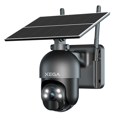 Xega 3G/4G LTE Outdoor Surveillance Camera with SIM Card Wire-Free Solar PTZ IP Camera Outdoor with 2K Color Night Vision 355°/95° Rotatable TF Card Slot PIR Detection 2-Way Audio IP66 Waterproof