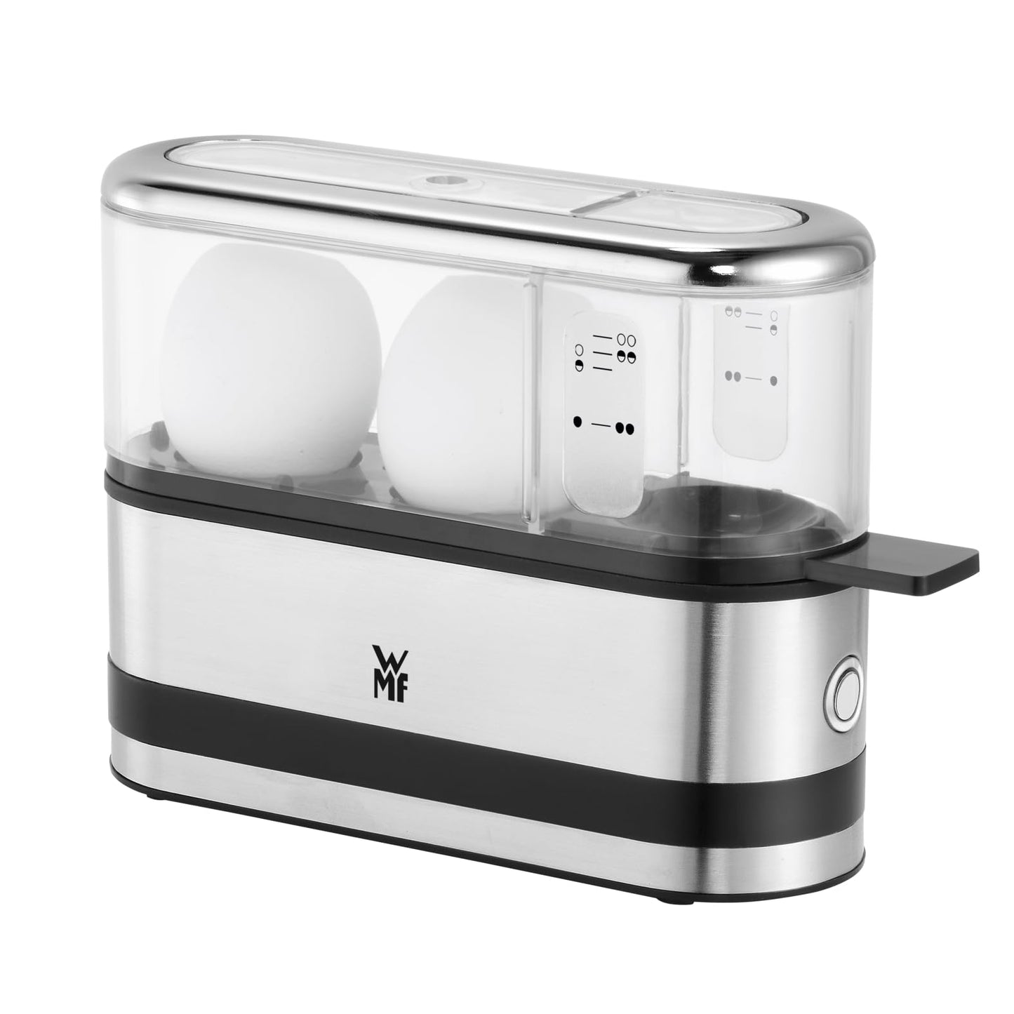 WMF Kitchen Minis 2-Egg Cooker, for boiling 2 eggs, with egg pick, BPA-free Tritan, 250 W, Cromargan brushed stainless steel