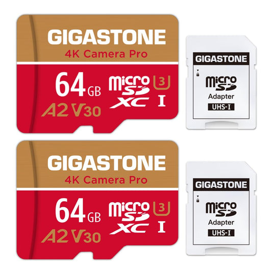 GIGASTONE 64GB Micro SD Card 2-Pack, 4K Camera Pro, compatible with GoPro Switch, up to 95 MB/s, A2 U3 V30 Micro SDXC card with SD adapter.