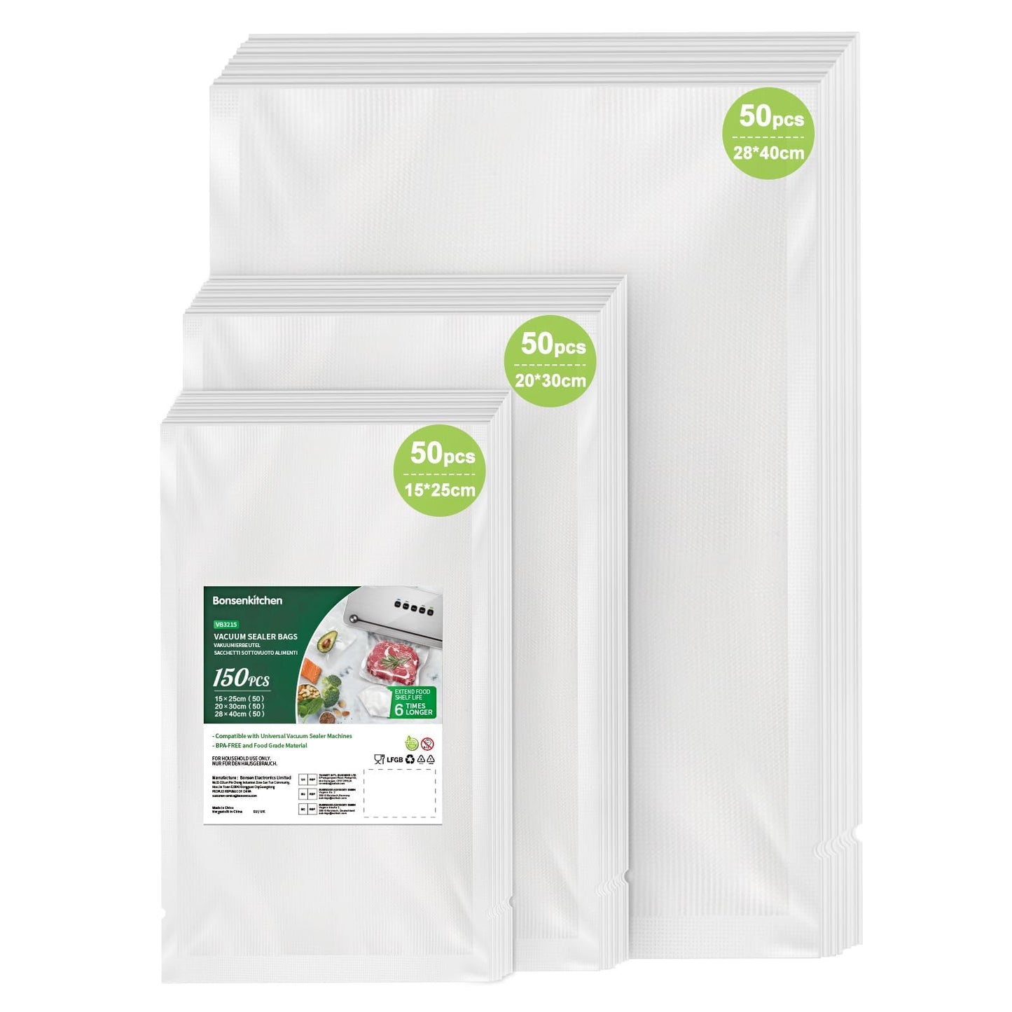 Bonsenkitchen Vacuum Sealer Bags 150 Bags - 15x25 cm (50)+20x30 cm (50)+ 28x40 cm (50), professional grade bags for all vacuum sealers, food vacuum bags, BPA-free, VB3215