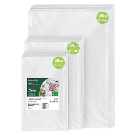 Bonsenkitchen Vacuum Sealer Bags 150 Bags - 15x25 cm (50)+20x30 cm (50)+ 28x40 cm (50), professional grade bags for all vacuum sealers, food vacuum bags, BPA-free, VB3215