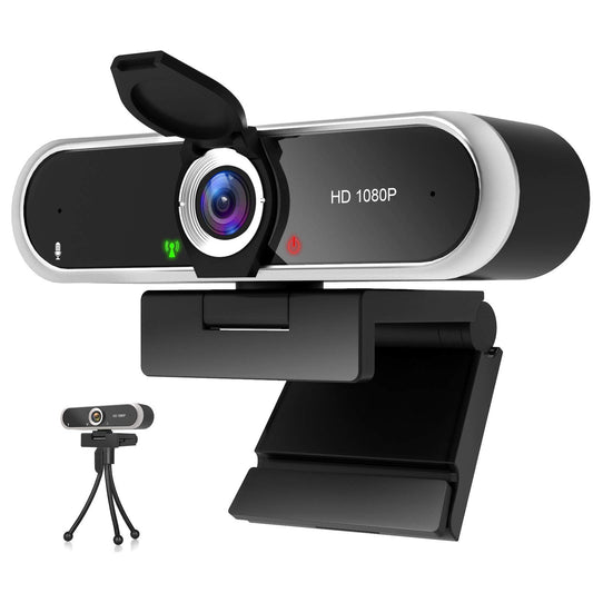 1080P webcam with microphone and webcam cover, tripod, plug & play, with automatic light correction, for laptop, PC, desktop, for live streaming, video calling, conference.