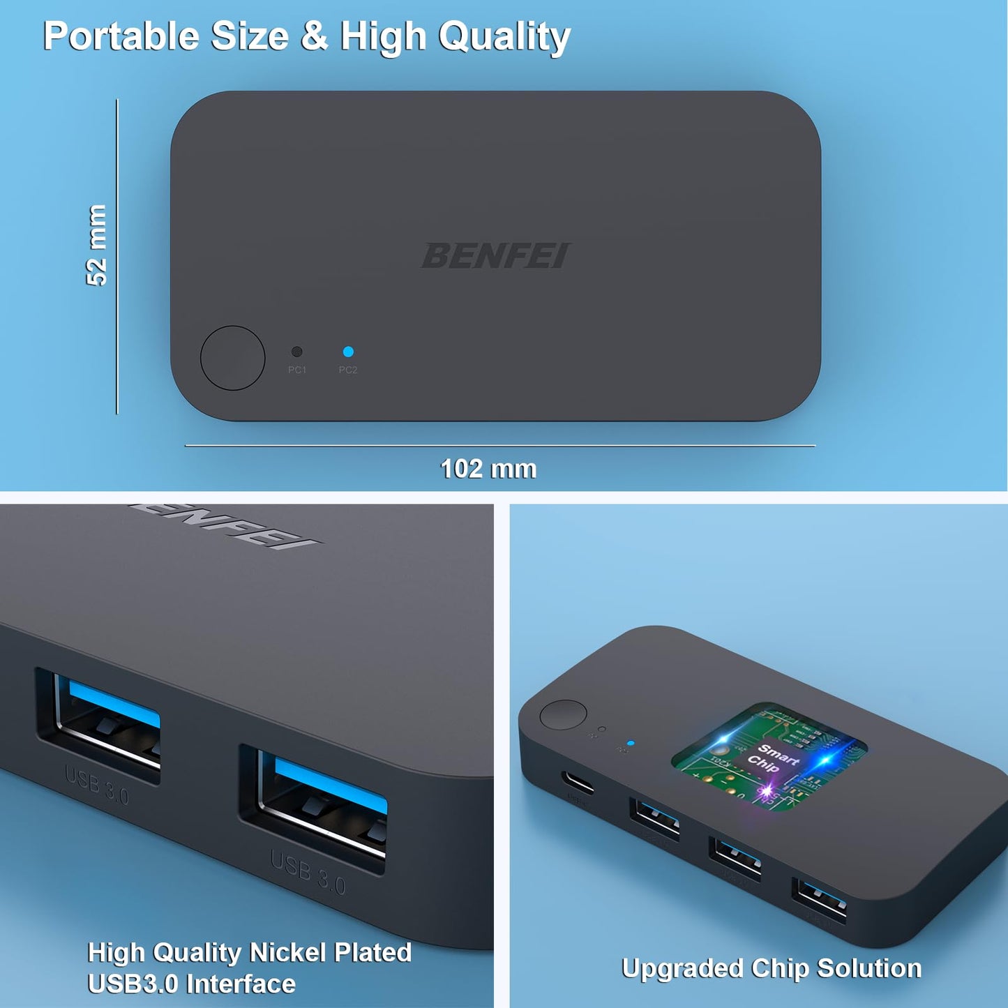 BENFEI USB 3.0 Switch, USB switcher 2 computers with 1x USB C port and 3x USB A ports, 2 in 4 out USB 3.0 switcher with desktop controller, USB KVM switch selector compatible with Windows Mac Linux.