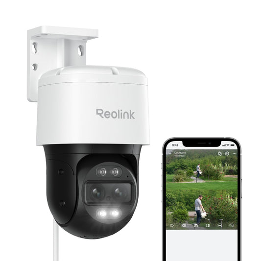 Reolink 4K 8MP PTZ PoE outdoor surveillance camera with dual-lens, 6X hybrid zoom, 355°/90° pan/tilt, auto-tracking, color night vision, person/vehicle/pet detection, 2-way audio, TrackMix PoE.