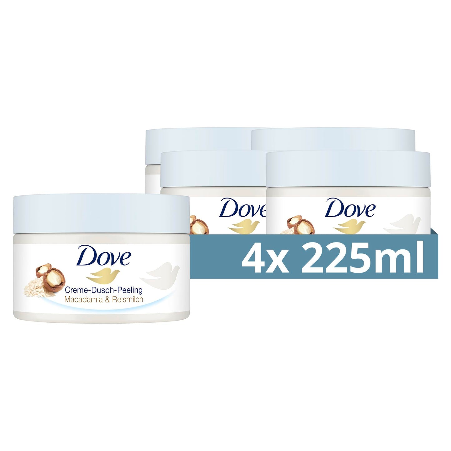 Dove Cream Shower Scrub Macadamia & Rice Milk Scrub Body Scrub for smooth skin Skincare with jojoba wax beads 4x 225 ml