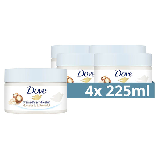Dove Cream Shower Scrub Macadamia & Rice Milk Scrub Body Scrub for smooth skin Skincare with jojoba wax beads 4x 225 ml