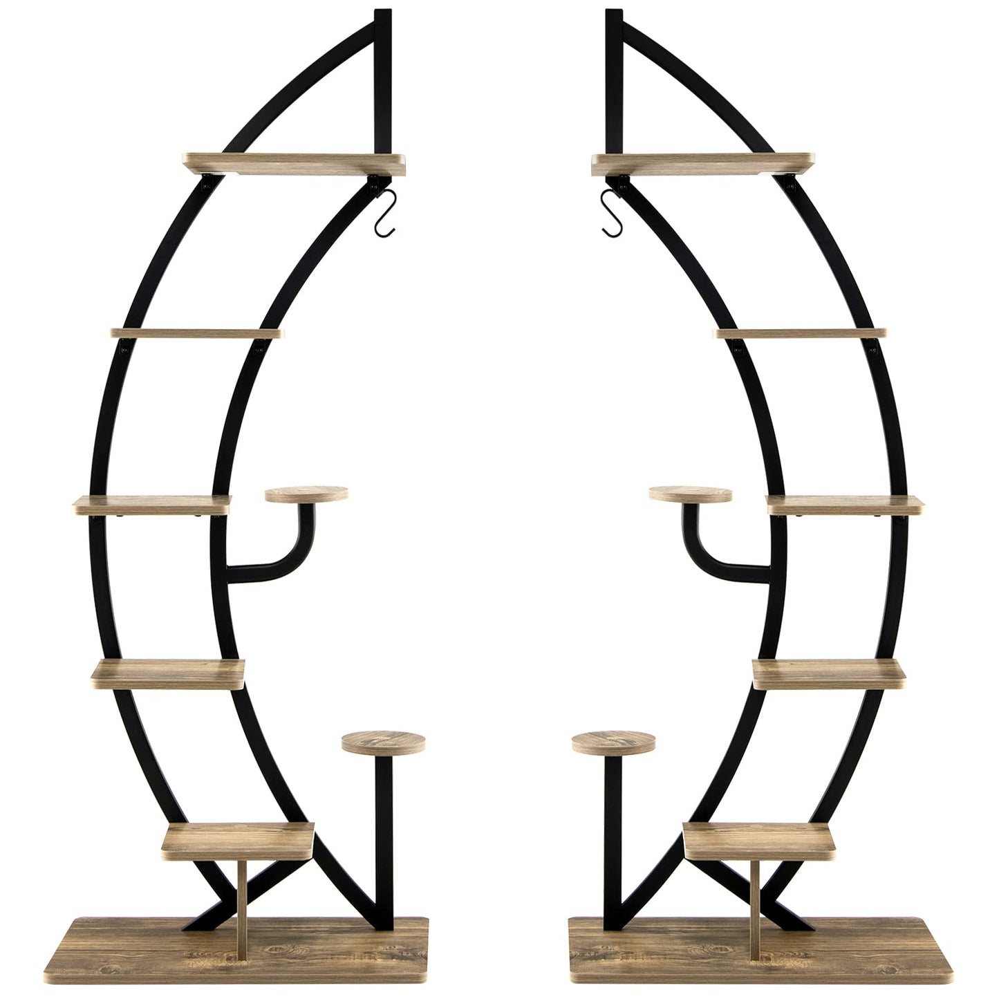 COMFOTTEU 5-tier Plant Stand, Metal Plant Pot, Plant Stand with Tilt Protection, Plant Holder with 7 Tiers & 1 Hook, Display Stand for Patio Garden Balcony, Black (2 Pieces)