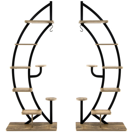 COMFOTTEU 5-tier Plant Stand, Metal Plant Pot, Plant Stand with Tilt Protection, Plant Holder with 7 Tiers & 1 Hook, Display Stand for Patio Garden Balcony, Black (2 Pieces)