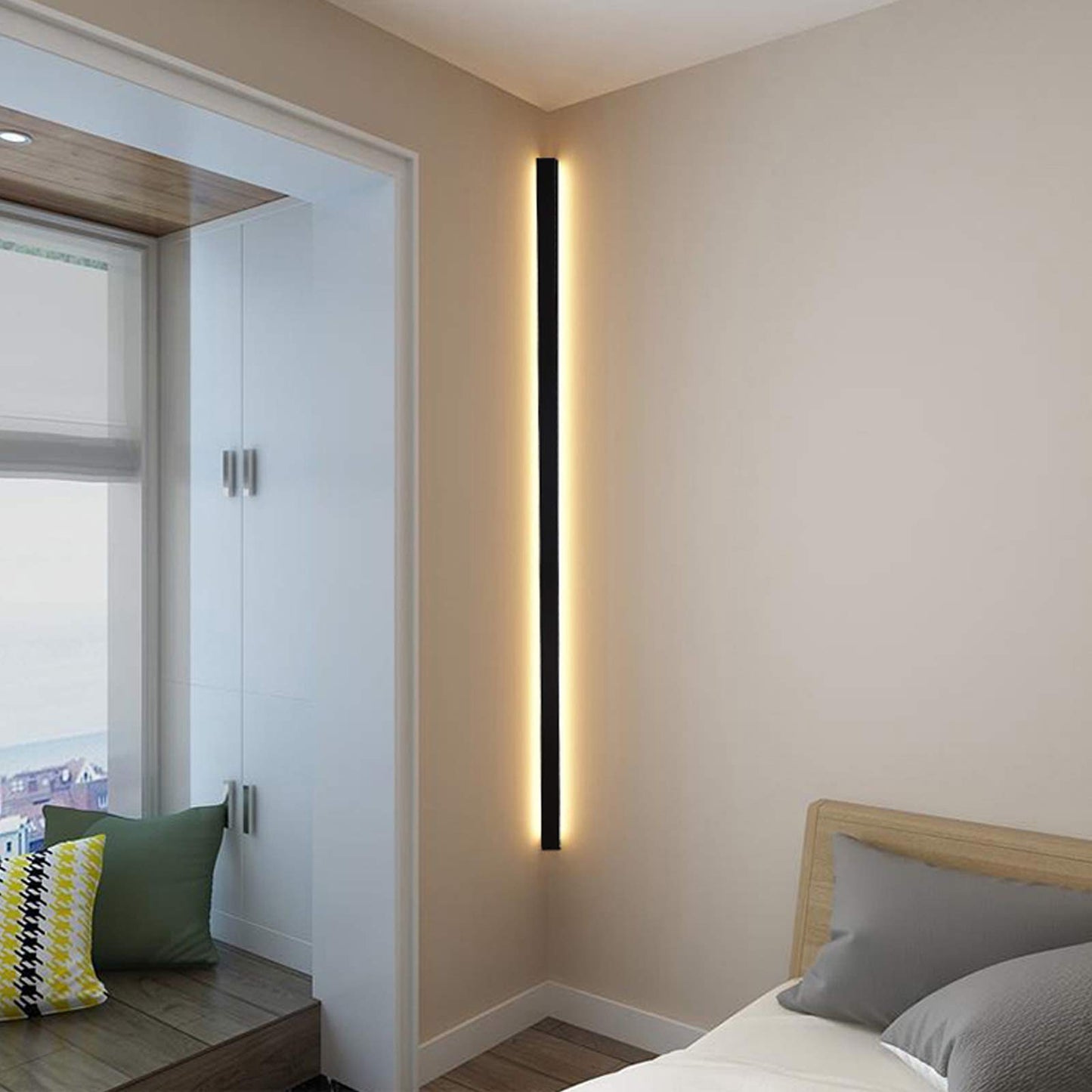 LOVUS Long LED Wall Light Indoor, 150CM Wall Corner Lamp with Remote Control, Black Modern Wall Lamp, Dimmable (3000K-6000K), Corner Wall Light, 50W 4000LM, Aluminum