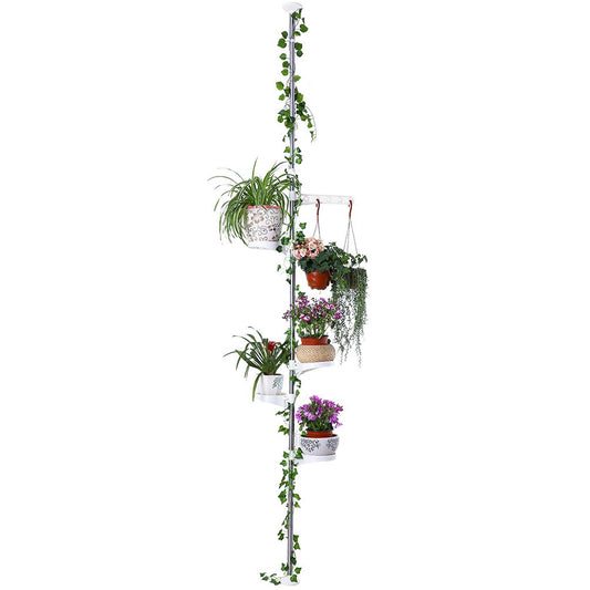 BAOYOUNI 5-Tier Telescopic Plant Stand Flower Shelf Rack Metal Tension Pole Adjustable Height 175-235 cm or 230-290 cm for Indoor, Balcony, Living Room, Ivory