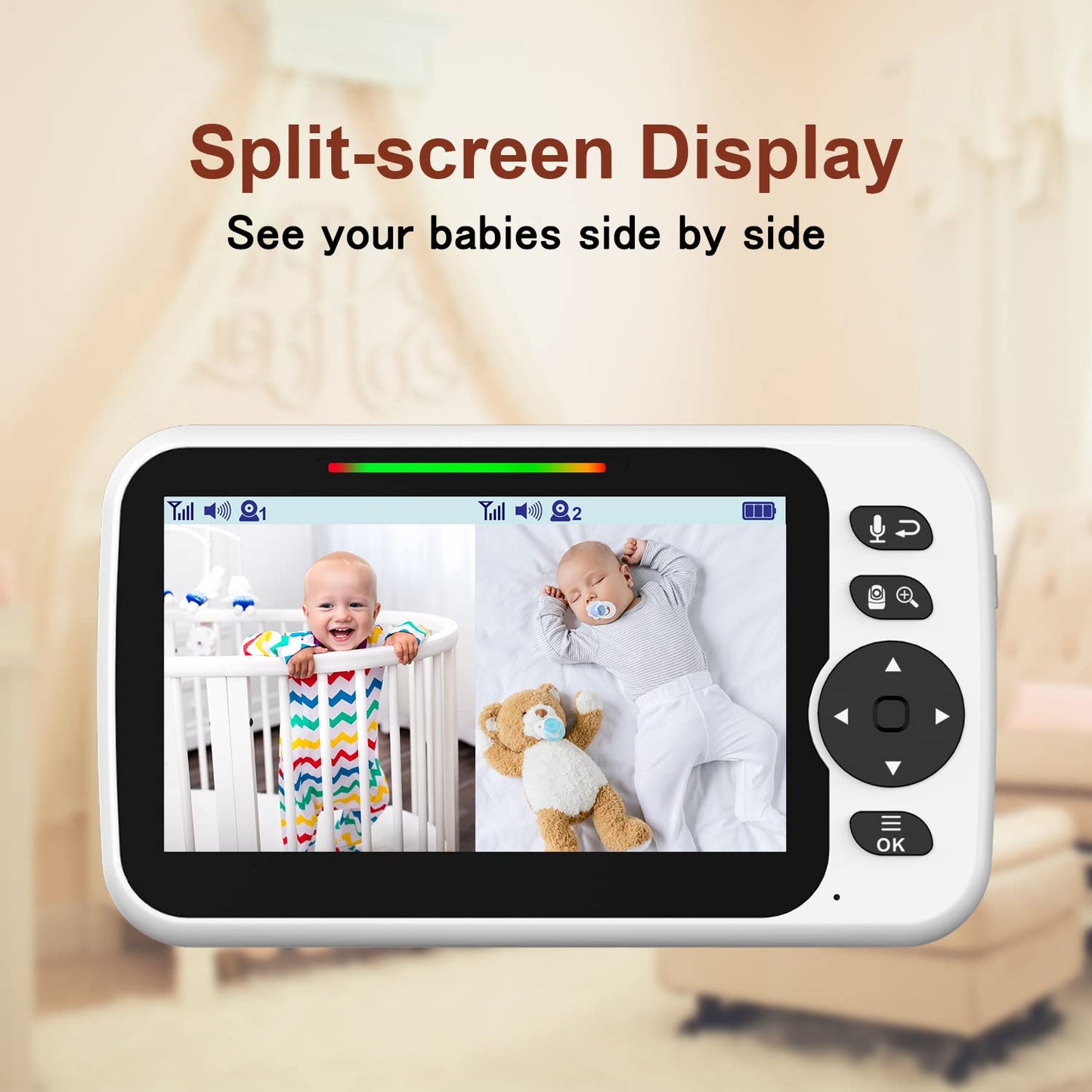Baby monitor with 2 cameras and audio, 30-hour battery, 5" large split-screen video baby monitor with 2 cameras and audio, remote pan/tilt/zoom, two-way talk, room temperature, auto night vision.