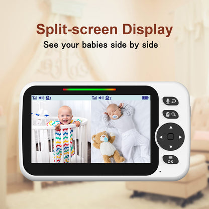 Baby monitor with 2 cameras and audio, 30-hour battery, 5" large split-screen video baby monitor with 2 cameras and audio, remote pan/tilt/zoom, two-way talk, room temperature, auto night vision.