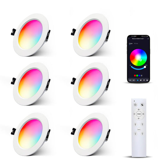6-pack LED recessed lights RGBW dimmable 10W with remote control, recessed lights Bluetooth APP color changing RGB+Warm White +Cool White ceiling spotlights, Round LED downlight 230V for living room, bedroom