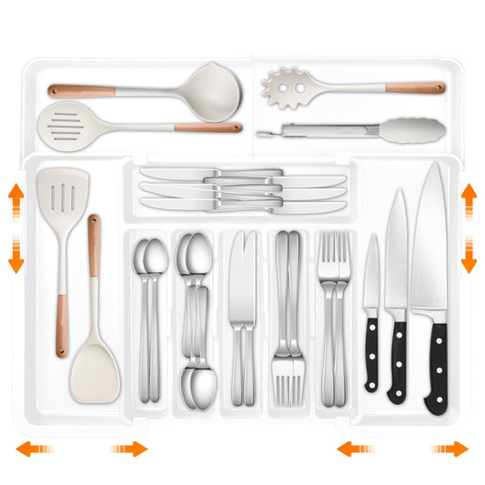 ALAIFU cutlery tray for drawers, expandable large cutlery tray for kitchen, adjustable utensil organizer for drawers, plastic kitchen accessory, divider insert, large (Clear White)