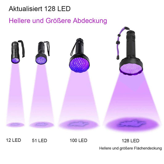 Blacklight flashlight, 128 LED UV lamp with UV protective glasses for home pet urine detectors, blacklight lamp 395nm UV light scorpion torch lamp for counterfeit money, urine from dogs, cats.