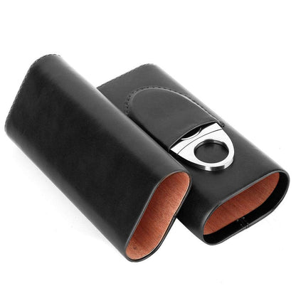 Cedar lined cigar humidor (for 3 cigars), portable leather cigar case with cutter, perfect gifts for groomsmen, friends, dad, cigar enthusiasts (Black)