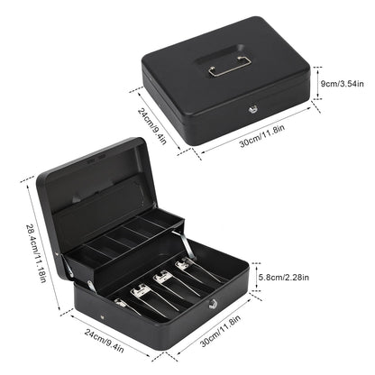 HAITRAL lockable money box, banknotes and coin storage, metal cash box, portable large money box with 2 keys - W 30 x D 24 x H 9 cm, Black