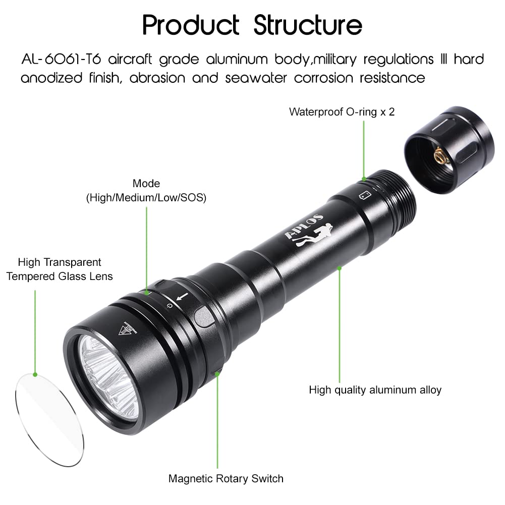 APLOS AP150 15000 lumen diving flashlight, underwater 150m, 4 modes, dive flashlight LED with battery.