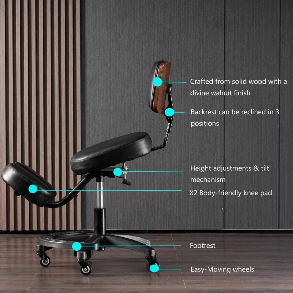 YOOTMEEN YDM-1458-2C ergonomic office kneeling chair with back support, adjustable height and angle, upright sitting position, thick comfortable cushions, black with walnut wood finish.
