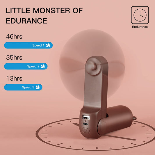 JISULIFE Mini Handheld Fan 3 IN 1, with 4500mAh Powerbank USB Battery Small, Battery Powered Max 37Hrs Runtime Portable Fan, Flashlight Function-Brown