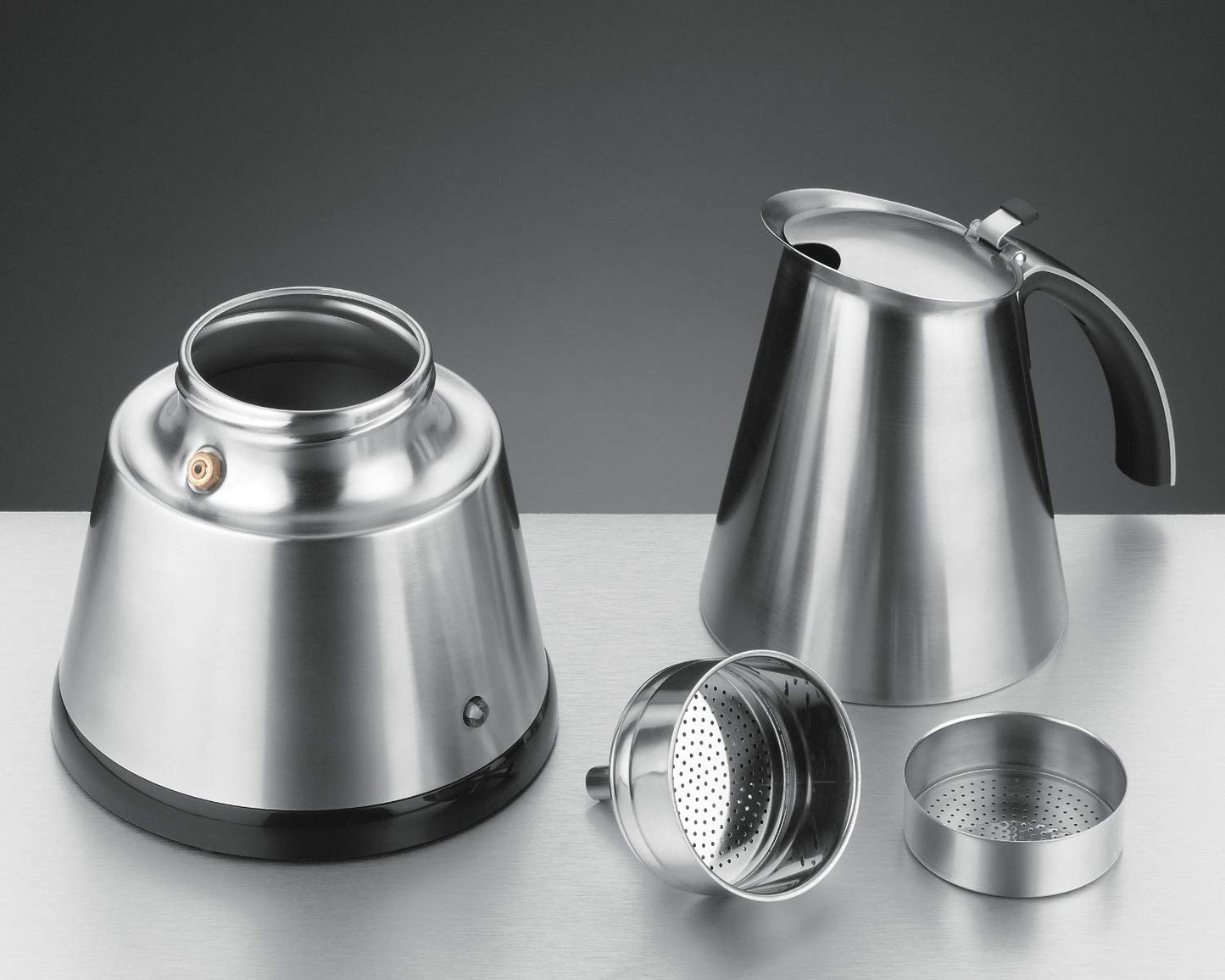 Rommelsbacher Espresso Maker EKO 366/E, electric, high quality stainless steel pot, filter insert for 3 or 6 cups, concealed heating element, 360° central base, automatic shut-off, 365 W