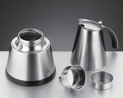 Rommelsbacher Espresso Maker EKO 366/E, electric, high quality stainless steel pot, filter insert for 3 or 6 cups, concealed heating element, 360° central base, automatic shut-off, 365 W