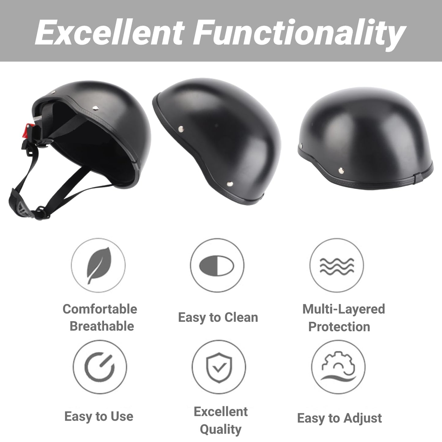 Half helmets motorcycle helmet, retro half shell helmet matte black protective shell helmet with adjustable quick release buckle universal for motorcycle, scooter bike, e-bike.