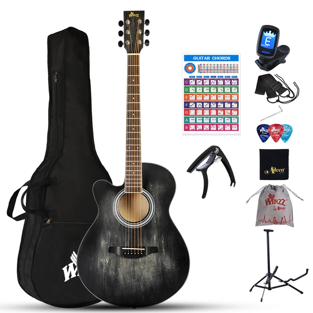 Winzz Left-handed Acoustic Guitar, Beginner Set for Adults Kids with Capo, Chord Cards, Stand, Tuner, Pick, Strap, Bag (40 inch, Matte Black)
