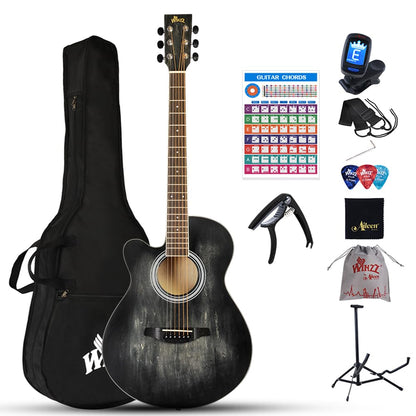 Winzz Left-handed Acoustic Guitar, Beginner Set for Adults Kids with Capo, Chord Cards, Stand, Tuner, Pick, Strap, Bag (40 inch, Matte Black)