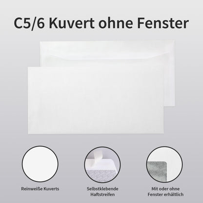 1,000 envelopes - C5/6 DL envelopes without window - 110x220 mm - white paper envelopes - self-adhesive - perfect for invoices, letters, weddings, greeting cards, invitations.