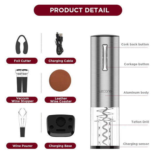 Lecone 7 in 1 Electric Corkscrew Set, Stainless Steel Electric Corkscrew Bottle Opener, Automatic Wine Opener with USB Charging Gift Set, for Home, Restaurant, Party.